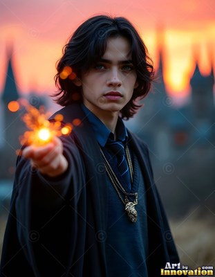 Holding bright sparks in his hand, a young man wears black robes at sunset