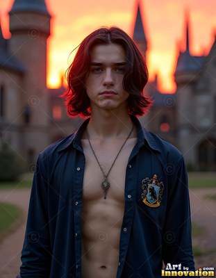 Young man in an open black shirt outside a castle at sunset