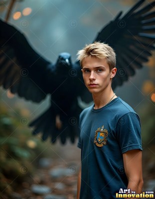 Blond hair falls over a young man in a blue dress shirt as a black raven flies behind him in the woods