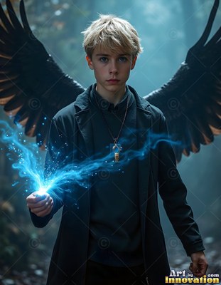 A young blond man with black wings holds a bright blue spark in a dark forest