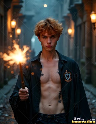 Facing forward in an alley, a shirtless young man holds a sparkling wand