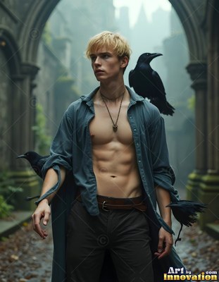 A blond man in an open shirt stands by stone arches with black ravens on his shoulders