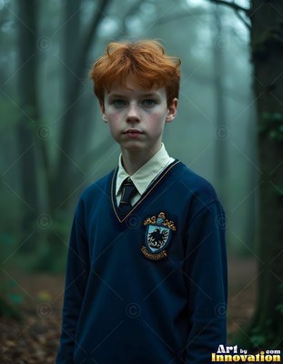 In a foggy forest, a red-haired young man stands in a blue school sweater