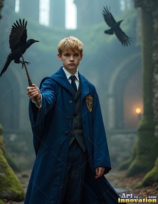 Holding a wand with a raven perched on it, a young man stands in a blue robe