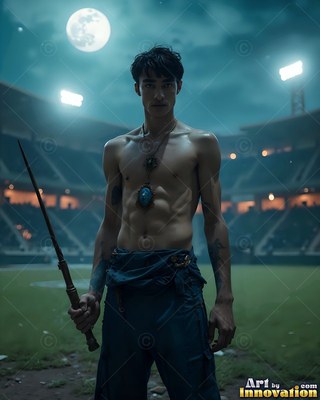 Shirtless man holding a wand in a dark stadium under the moon
