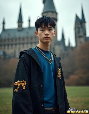 Wearing a black robe and blue sweater, a young man stands before a castle