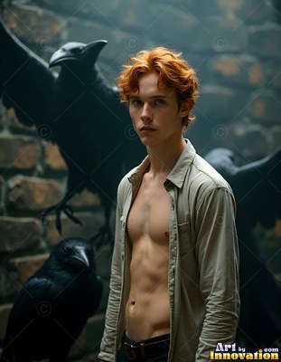A red-haired man poses standing with black ravens in soft dim light