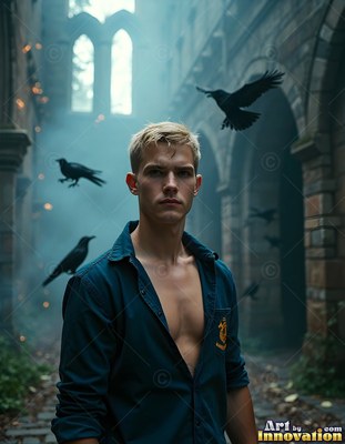 Facing forward in a stone courtyard, a blond man stands surrounded by black ravens