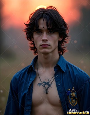 A young dark-haired man in an open blue shirt stands outdoors at sunset