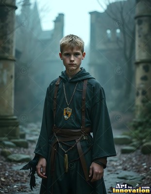 In a misty stone courtyard, a young blond man stands in dark robes with leather straps