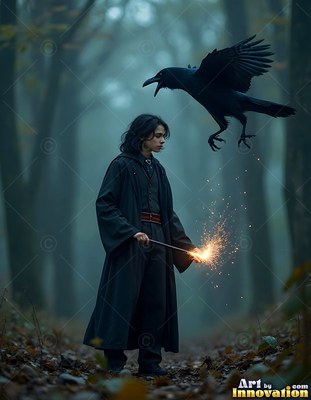 Holding a sparking wand, a young man in dark robes stands near a flying raven in misty woods