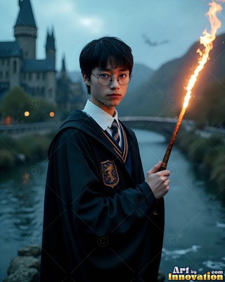 A young man in glasses holds a burning wand by a castle