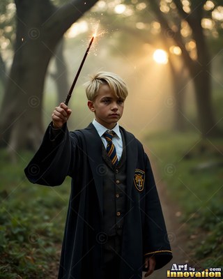 A blond man in a dark school robe raises a spark-tipped wand in a foggy forest pathway