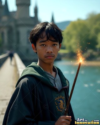 Facing forward on a stone bridge, a young man holds a sparkling wooden wand