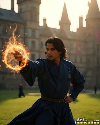 Outside a stone castle, a man in a blue robe points a ring of fire