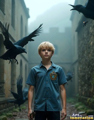 Standing in a foggy stone courtyard, a blond young man is surrounded by flying black ravens