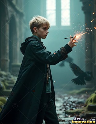 Young man in a dark robe casts sparks near a flying raven