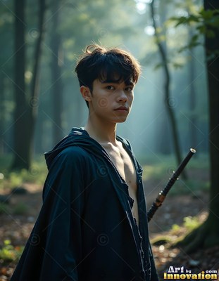 Wearing an open dark cloak, a young man carries a wand through a sunlit forest