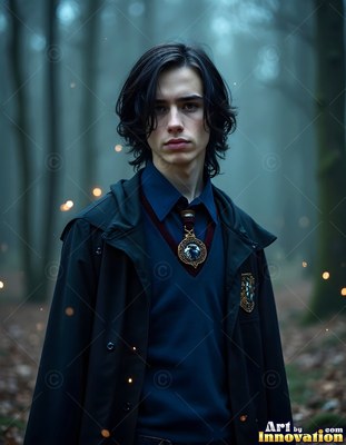 A young man stands in misty woods wearing a black coat over a blue uniform with warm sparks around him