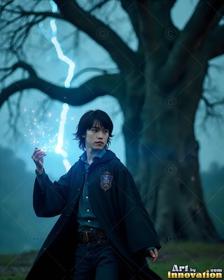 Standing before a bare tree, a young man in black robes catches lightning in his hand
