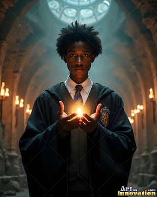 A young Black man in school robes holds a small light between his hands