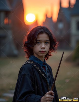 At a castle courtyard at sunset, a young man carries a wand in black robes