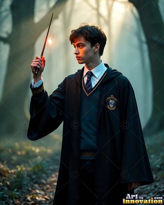 Holding a lit wand in the misty woods, a young man stands in a dark robe