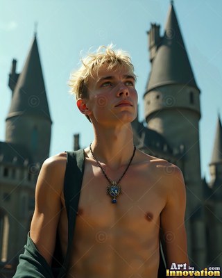 Shirtless blond man looking up in front of a castle