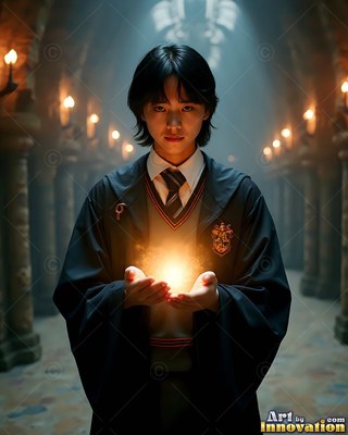 Wearing a black robe and tie, a young man grips bright light in a stone hall