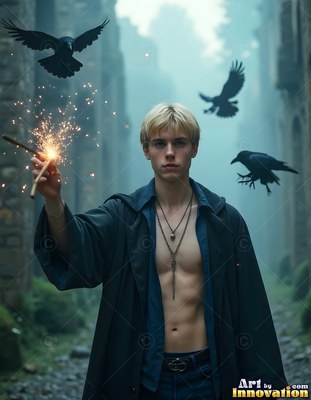 A blond man holds a sparkler by flying ravens in cool blue alley light