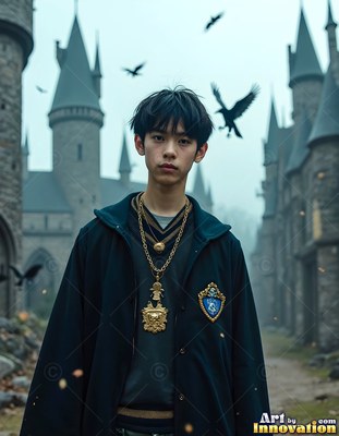 Facing forward, a young man in a dark cloak stands outside a castle