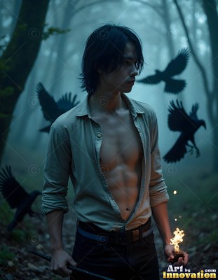A man with an open shirt holds fire in a misty wood as ravens fly by