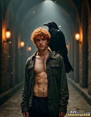 In a stone hallway, a bare-chested man in an open shirt holds a raven on his shoulder
