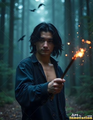 Holding a sparking wand, a dark-haired young man stands in a misty forest