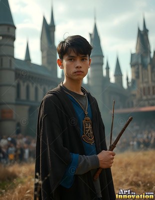 Young man in dark robes holding two wands outside a castle