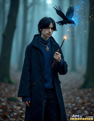 In a dark blue coat, a young man carries a sparkling wand near a flying black raven in misty woods