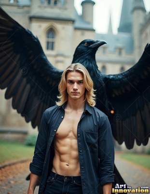 A blond man stands with an open shirt before a giant black raven in soft daylight
