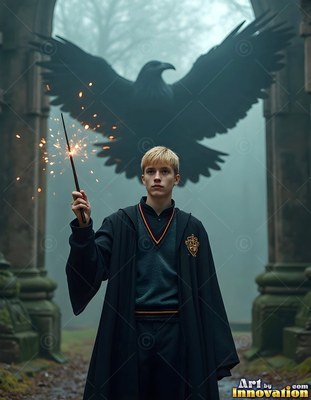 Facing forward in a stone archway, a young man raises a wand under a giant black raven