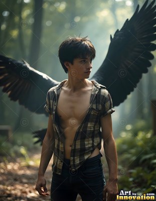 A young man in an open plaid shirt stands in the woods with black wings behind him