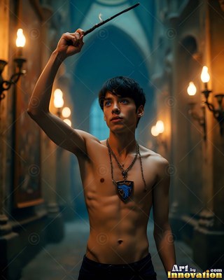 In a castle hallway, a shirtless young man holds up a smoking wooden wand