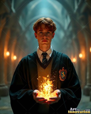 Holding bright sparks in his hands, a young man stands in a dark school robe