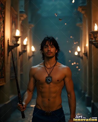 A shirtless man holds a wand in a hallway lit by wall torches