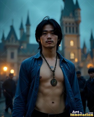 A clear blue shirt reveals the chest of a man standing outside a castle at dusk