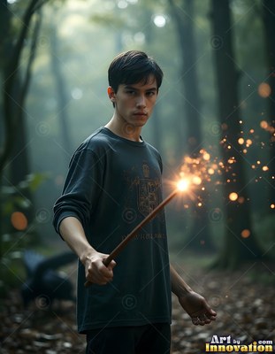 A young man points a wooden wand that bursts with bright orange sparks in a dim forest