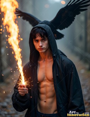 Facing forward in an alley, a shirtless man holds a flame beneath a black raven