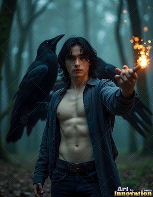 A bare-chested young man in an open shirt casts sparks near two black ravens in a misty wood