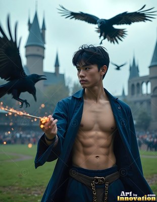 Outside a castle, a shirtless man in a blue coat holds a sparkler as ravens fly nearby
