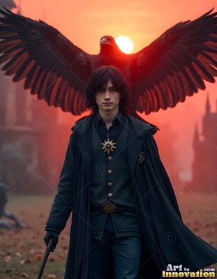 Standing at sunset, a young man in dark robes has a raven spreading its wings behind him
