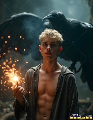 A young man holding a sparkler beside a large black raven