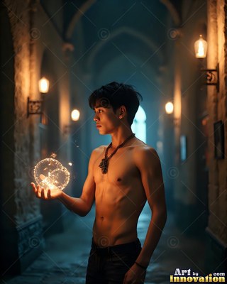 A shirtless young man in a dark stone hallway holds a bright orb of light in his hand